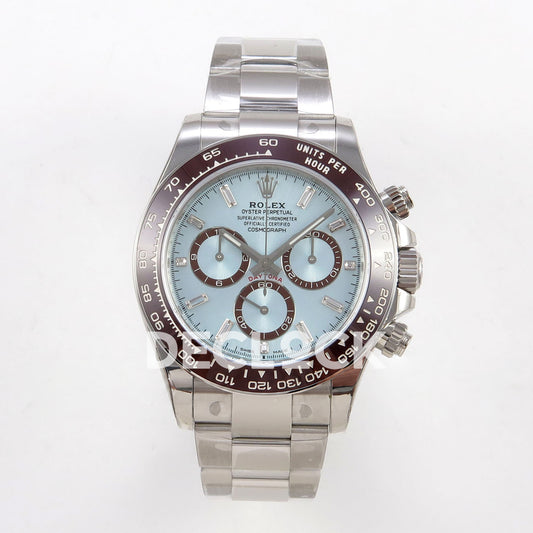 Rolex Daytona 126506 VSF DD4802 gem-marker replica - front view of ice blue dial and stainless-steel bracelet