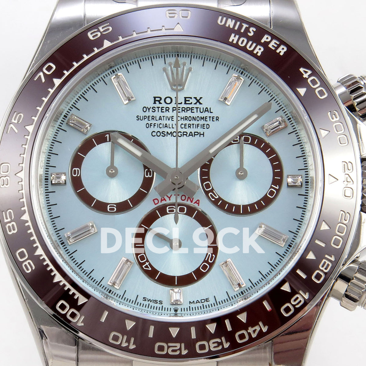 Rolex Daytona 126506 VSF DD4802 gem-marker replica - ice blue dial and brown chronograph rings close-up