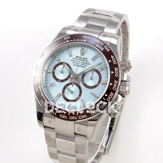 Rolex Daytona 126506 VSF DD4802 gem-marker replica - angled front view of the dial, brown ceramic bezel and steel case
