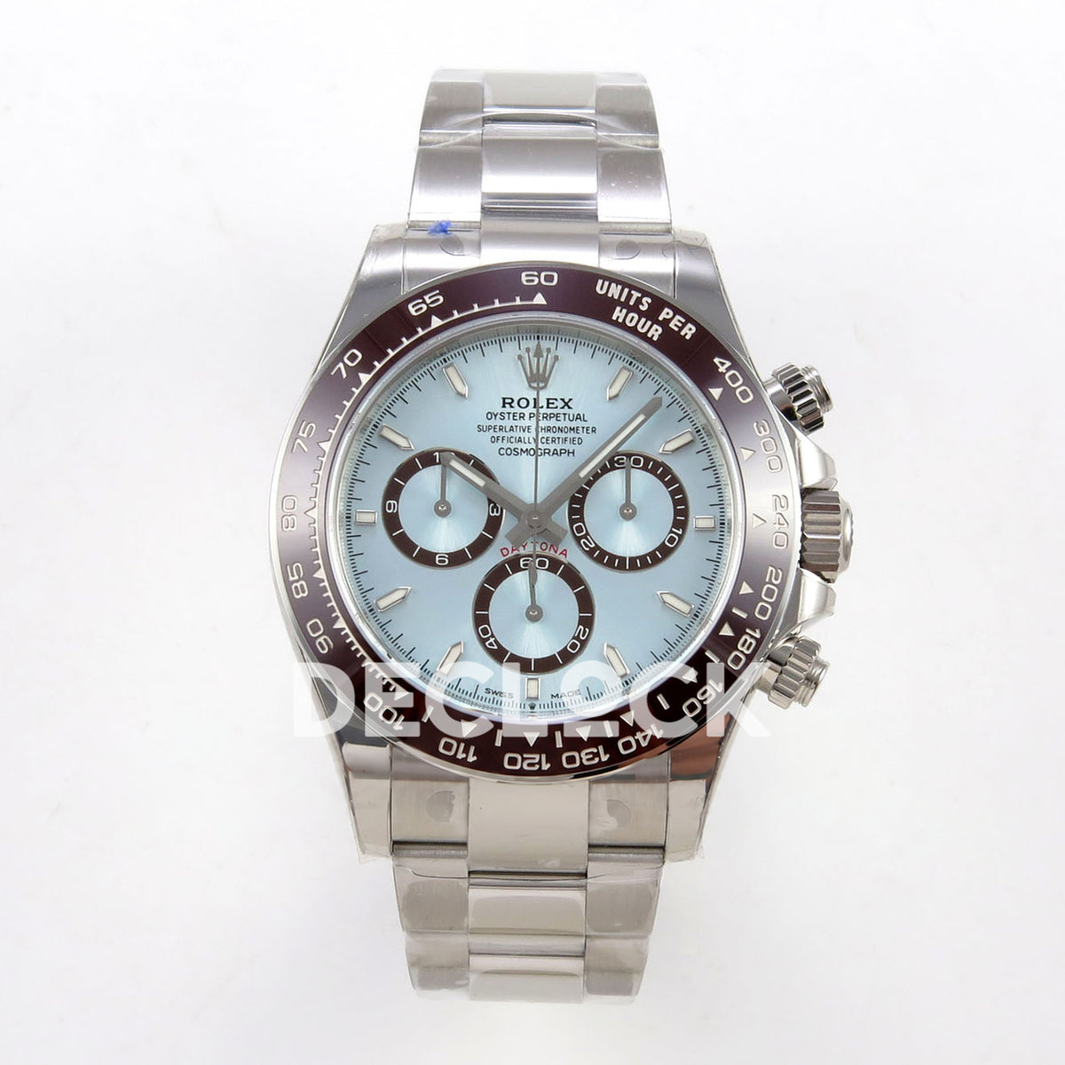 Rolex Daytona 126506 VSF DD4802 stick-marker replica - front view of ice blue dial and stainless-steel bracelet