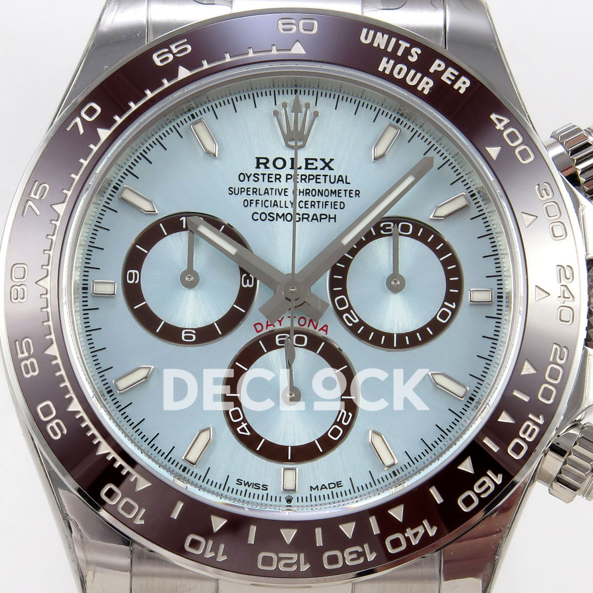 Rolex Daytona 126506 VSF DD4802 stick-marker replica - ice blue dial and brown chronograph rings close-up