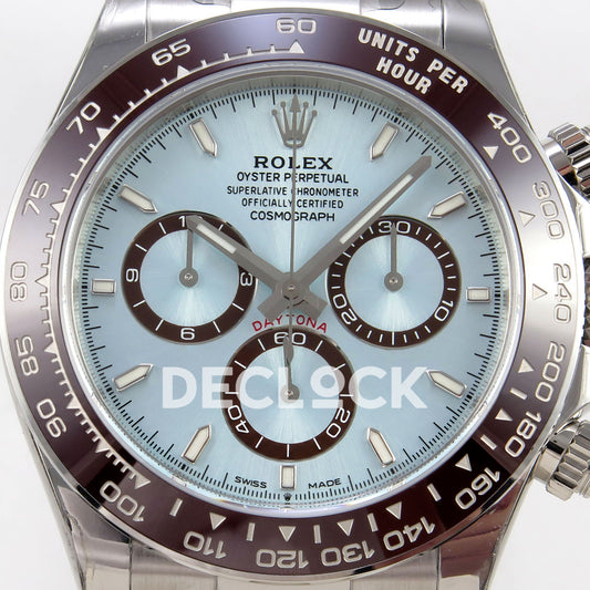 Rolex Daytona 126506 VSF DD4802 stick-marker replica - ice blue dial and brown chronograph rings close-up