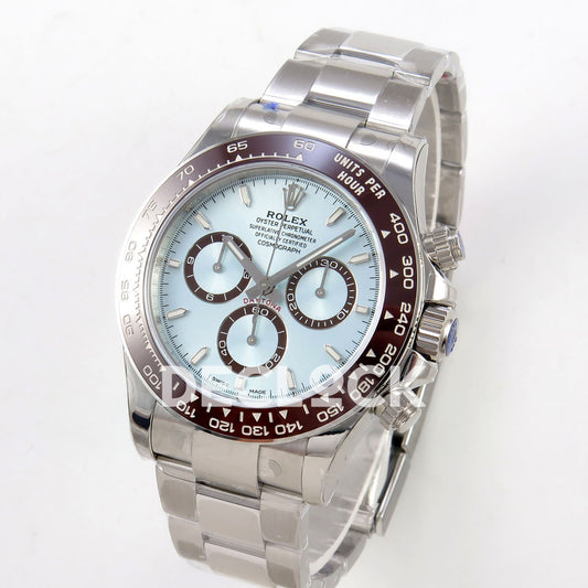 Rolex Daytona 126506 VSF DD4802 stick-marker replica - angled front view of the dial, brown ceramic bezel and steel case