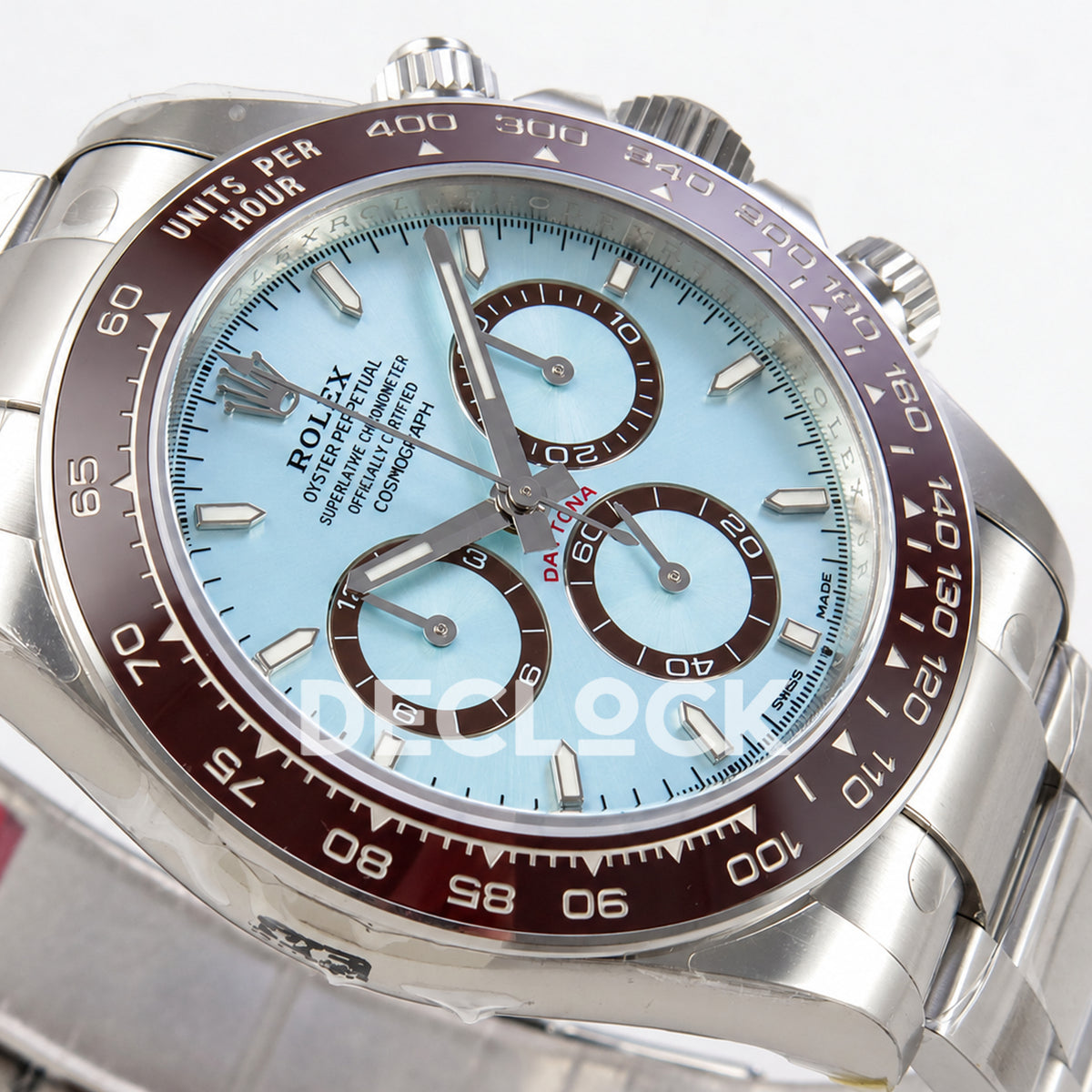 Rolex Daytona 126506 VSF, ice blue stick markers, VS4131 V3s weighted — dial side angle
