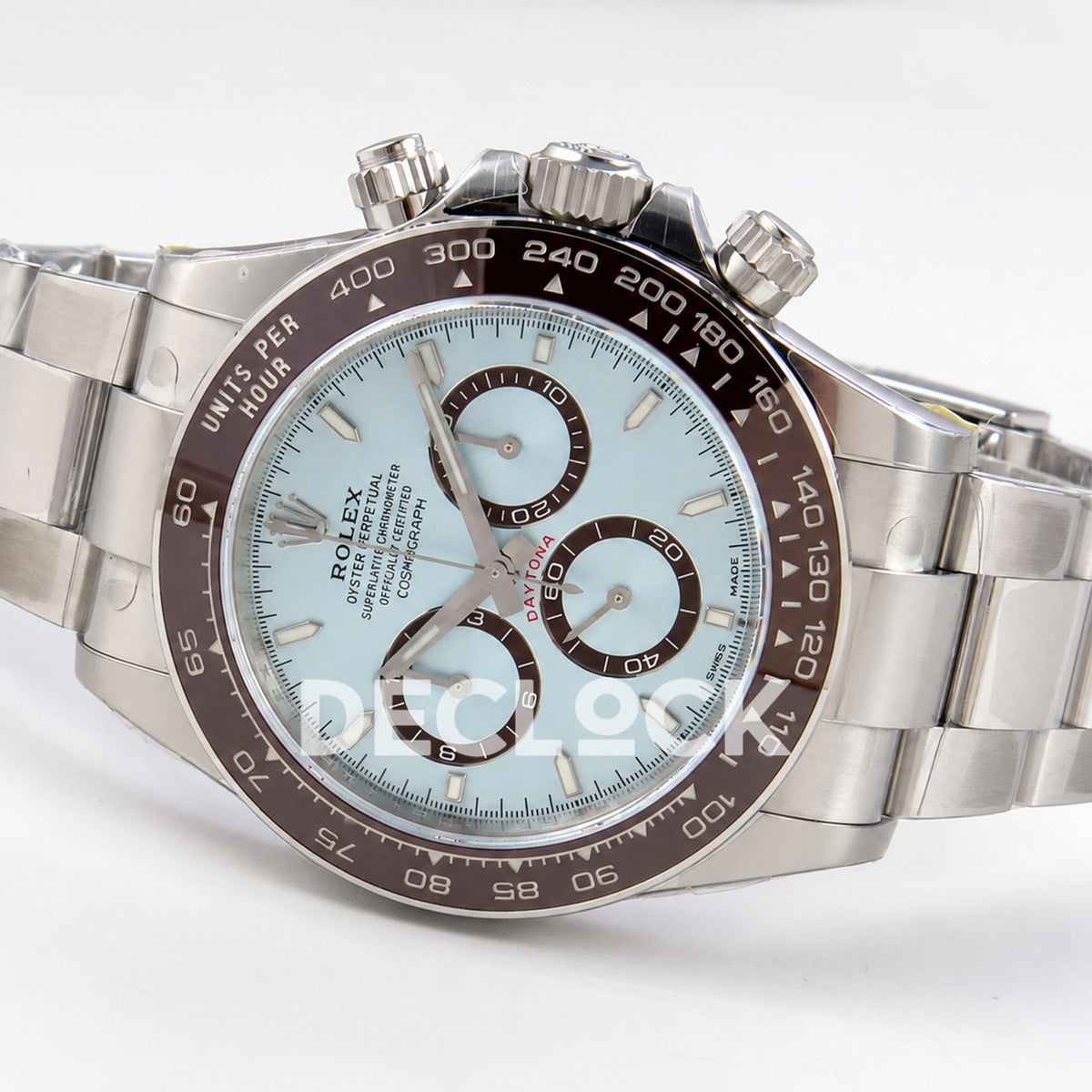 Rolex Daytona 126506 VSF, ice blue stick markers, VS4131 V3s weighted — opposite front angle