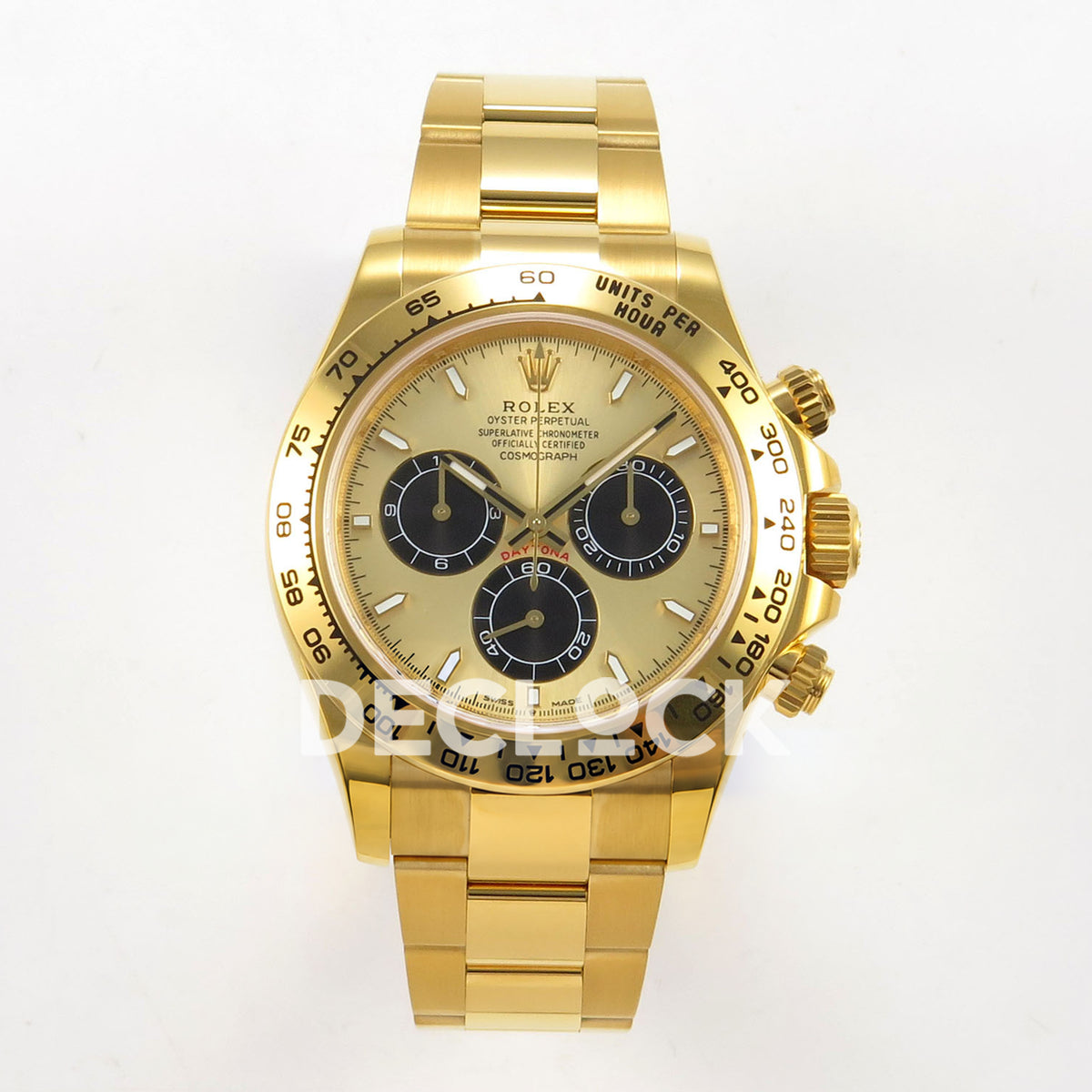 Rolex Daytona 126508 BTF replica, front view with gold dial and gold bracelet