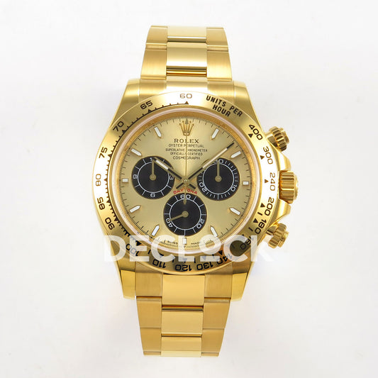 Rolex Daytona 126508 BTF replica, front view with gold dial and gold bracelet