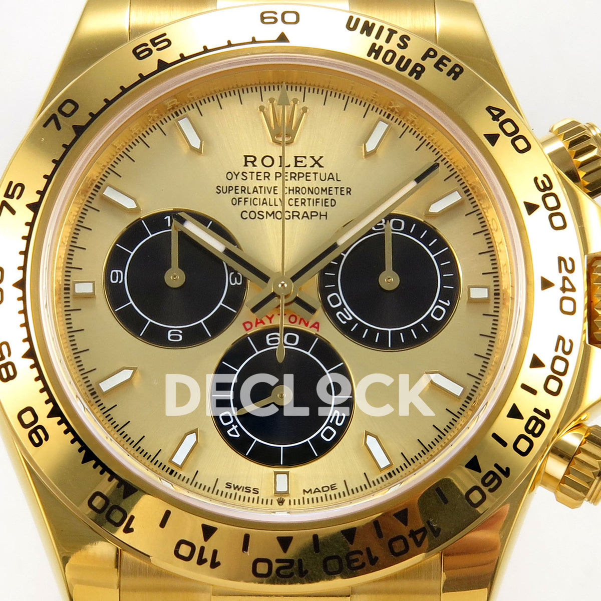 Rolex Daytona 126508 BTF replica, gold dial and black subdials close-up