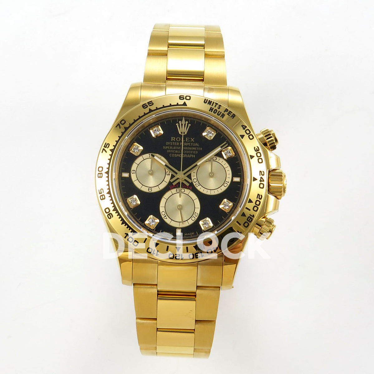 Rolex Daytona 126508 RWF replica - front view of black gem-set dial and yellow-gold-finish bracelet
