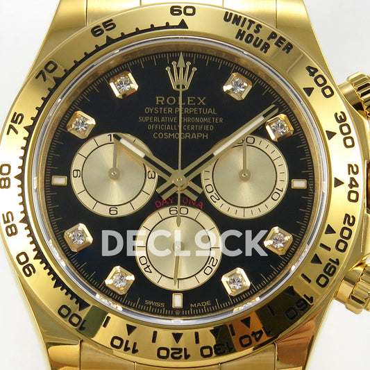 Rolex Daytona 126508 RWF replica - black dial, clear gem-set hour markers and gold-tone subdials close-up