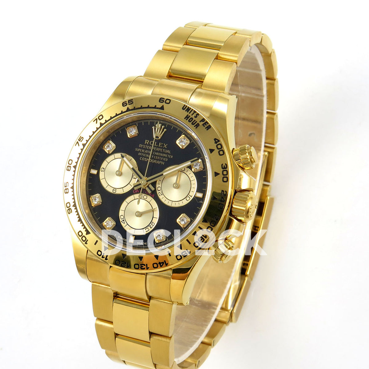Rolex Daytona 126508 RWF replica - angled front view of yellow-gold-finish case and bracelet