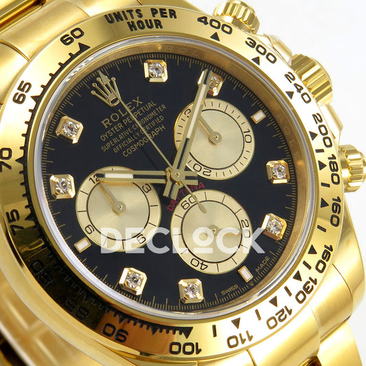 Rolex Daytona 126508 RWF replica - angled black dial and gold-tone chronograph subdials
