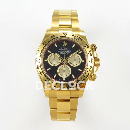 Rolex Daytona 126508 RWF replica - front view of black dial, luminous gold-tone markers and yellow-gold-finish bracelet