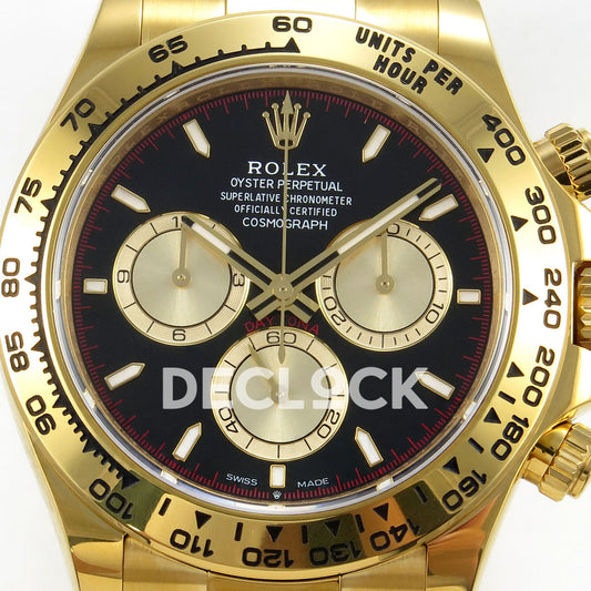 Rolex Daytona 126508 RWF replica - black dial, fine red minute track and gold-tone chronograph subdials close-up