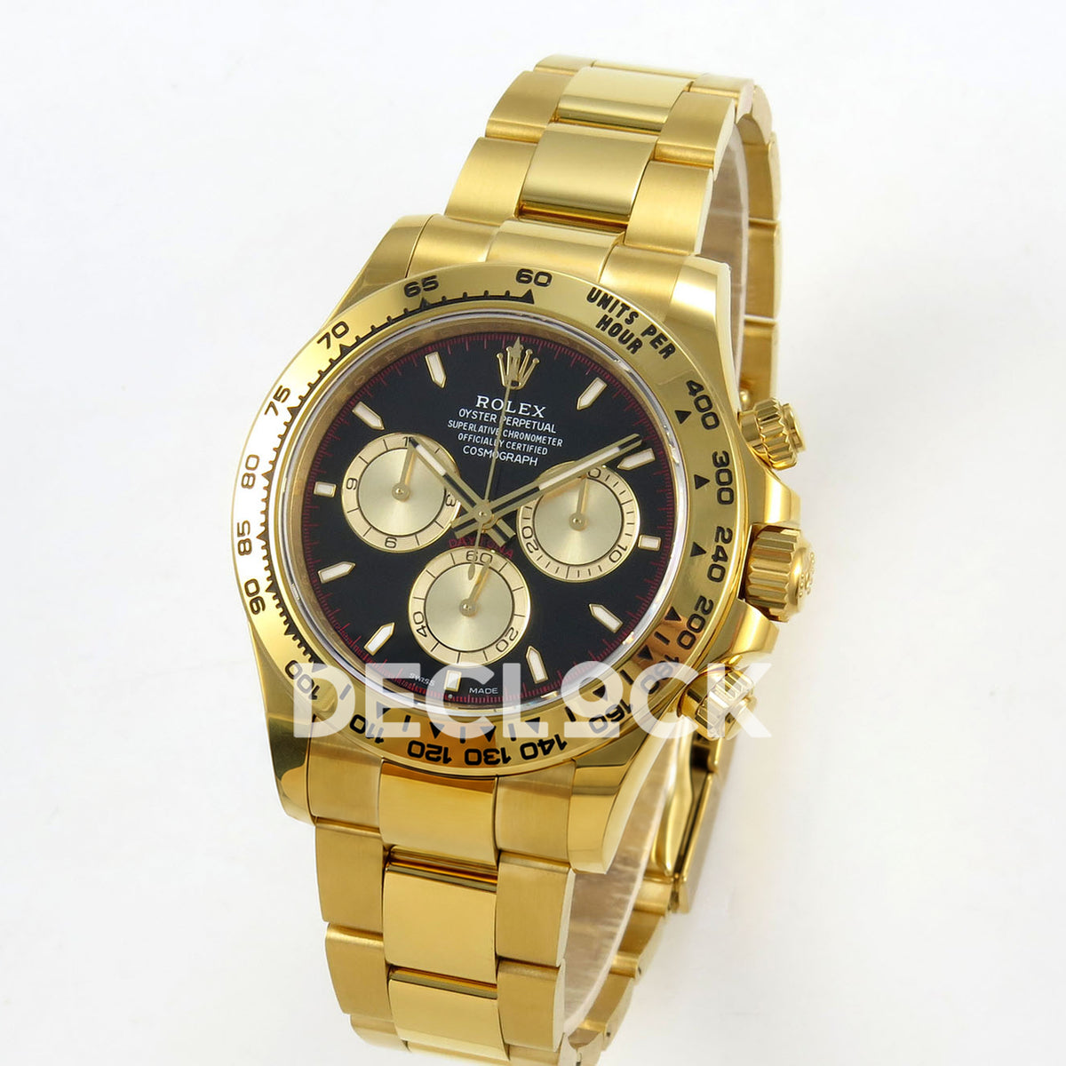 Rolex Daytona 126508 RWF replica - angled front view of yellow-gold-finish case and bracelet