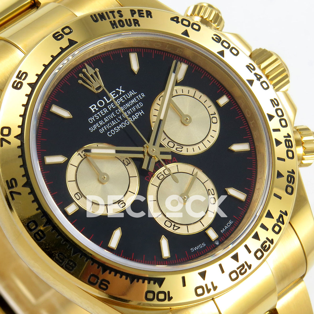 Rolex Daytona 126508 RWF replica - angled black dial and gold-tone luminous markers close-up