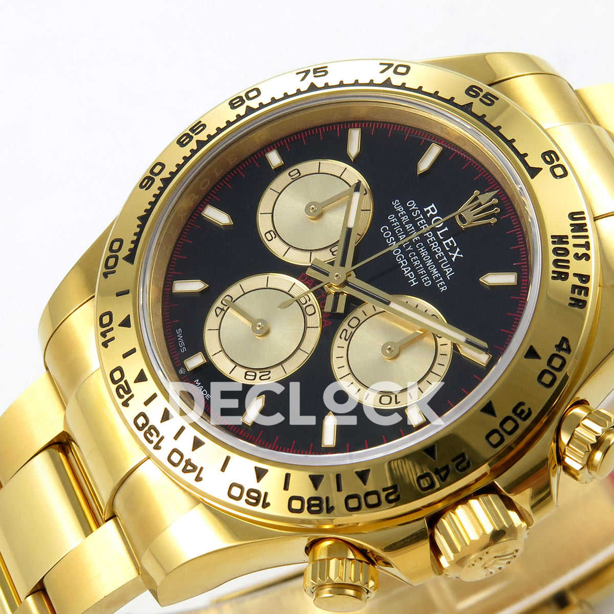 Rolex Daytona 126508 RWF replica - black dial with fine red minute track and yellow-gold-finish tachymeter bezel