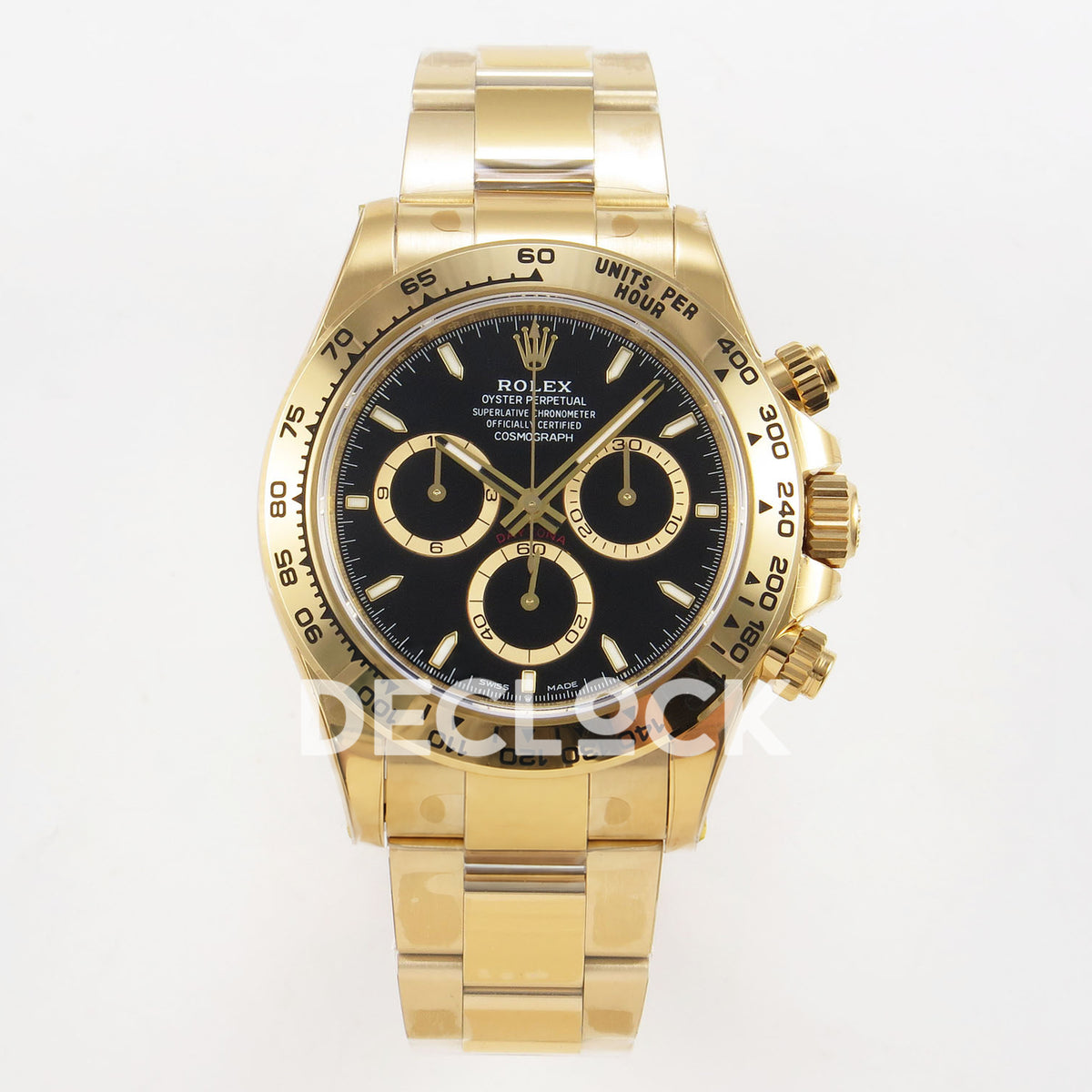 Rolex Daytona 126508 VSF replica - front view of black dial, gold-ringed subdials and yellow-gold-finish Oyster-style bracelet