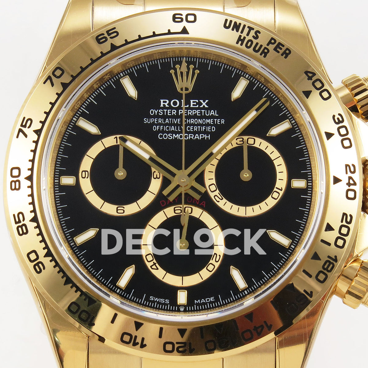 Rolex Daytona 126508 VSF replica - black dial, gold-ringed subdials and metal tachymeter bezel close-up