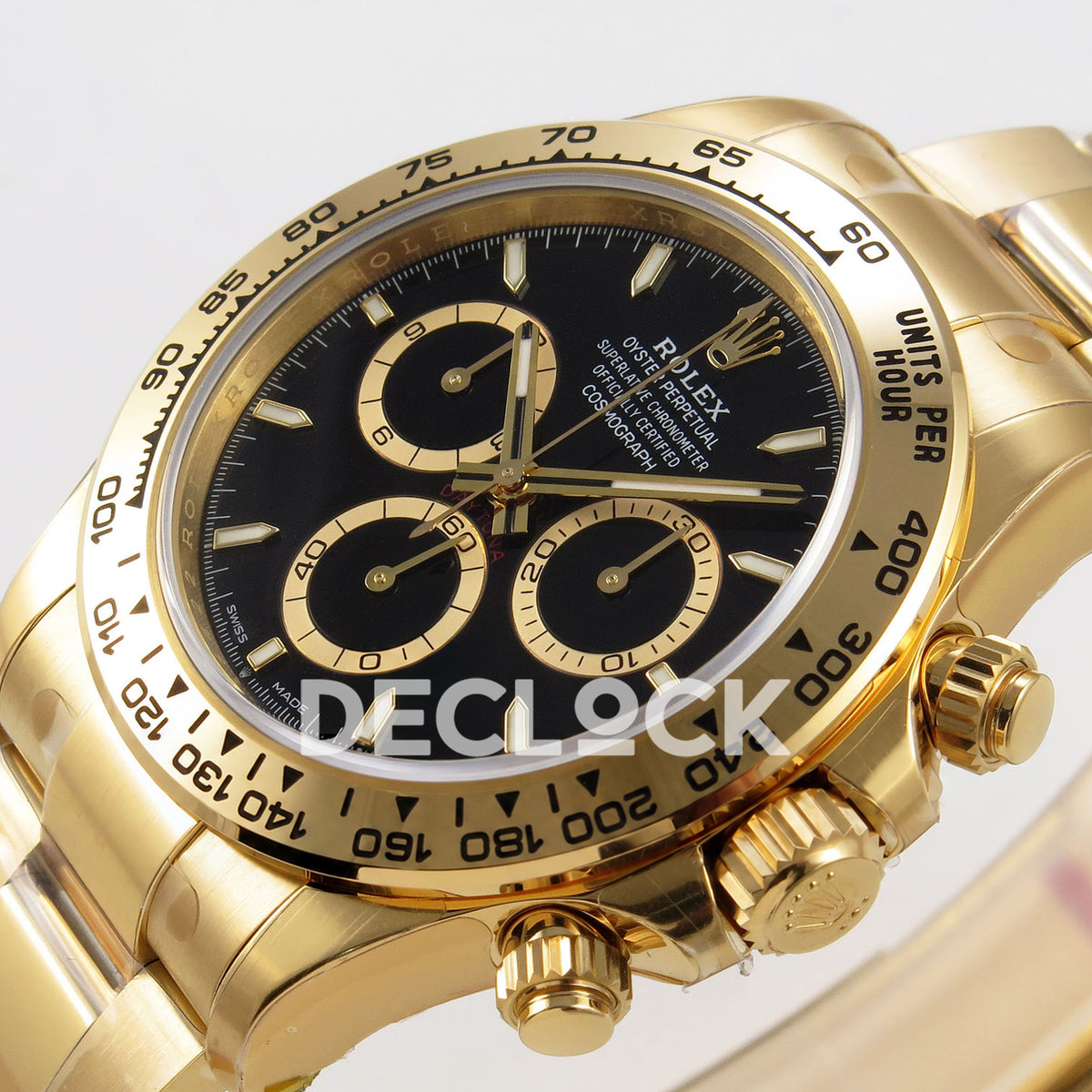 Rolex Daytona 126508 VSF replica - dial, off-white luminous hour indexes and metal tachymeter bezel detail