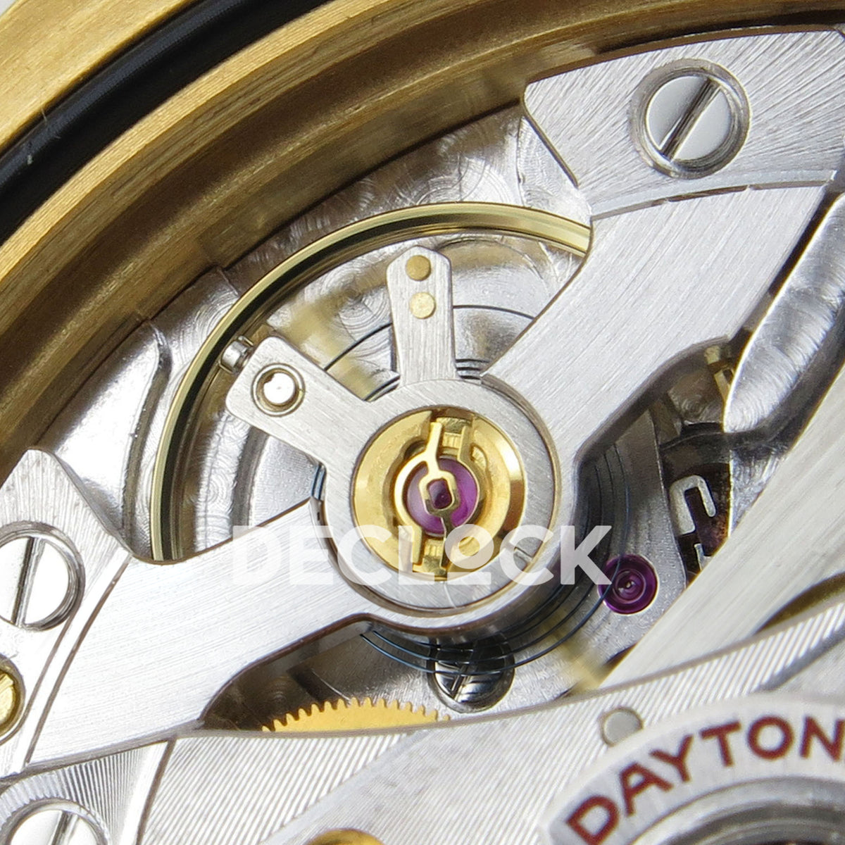 Rolex Daytona 126508 VSF replica - balance wheel, jewels and movement bridge close-up
