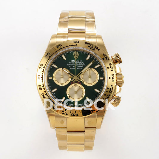 Rolex Daytona 126508 VSF VS4131 V3 green replica - front view of green dial and yellow-gold-finish Oyster bracelet