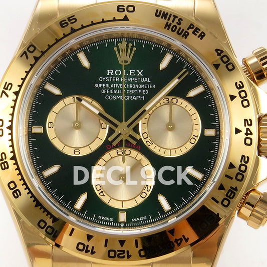 Rolex Daytona 126508 VSF VS4131 V3 green replica - green dial and gold-tone chronograph subdials close-up