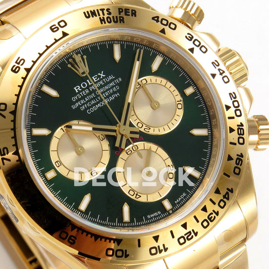 Rolex Daytona 126508 VSF VS4131 V3 green replica - angled dial and tachymeter bezel close-up