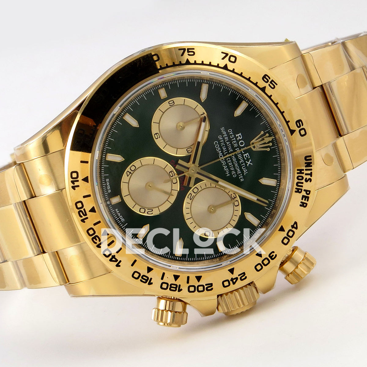 Rolex Daytona 126508 VSF VS4131 V3 green replica - horizontal front view with Oyster bracelet