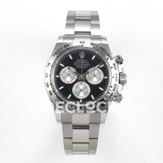 Rolex Daytona 126509 BTF replica - front black dial with luminous baton markers, silver chronograph counter faces and silver metal tachymeter bezel