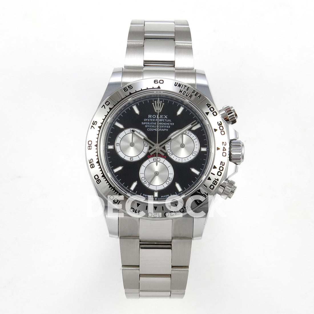 Rolex Daytona 126509 BTF replica - front black dial with luminous baton markers, silver chronograph counter faces and silver metal tachymeter bezel 126509