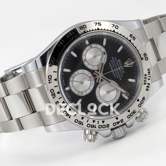 Rolex Daytona 126509 BTF replica - angled black dial showing original luminous baton markers and silver chronograph counters