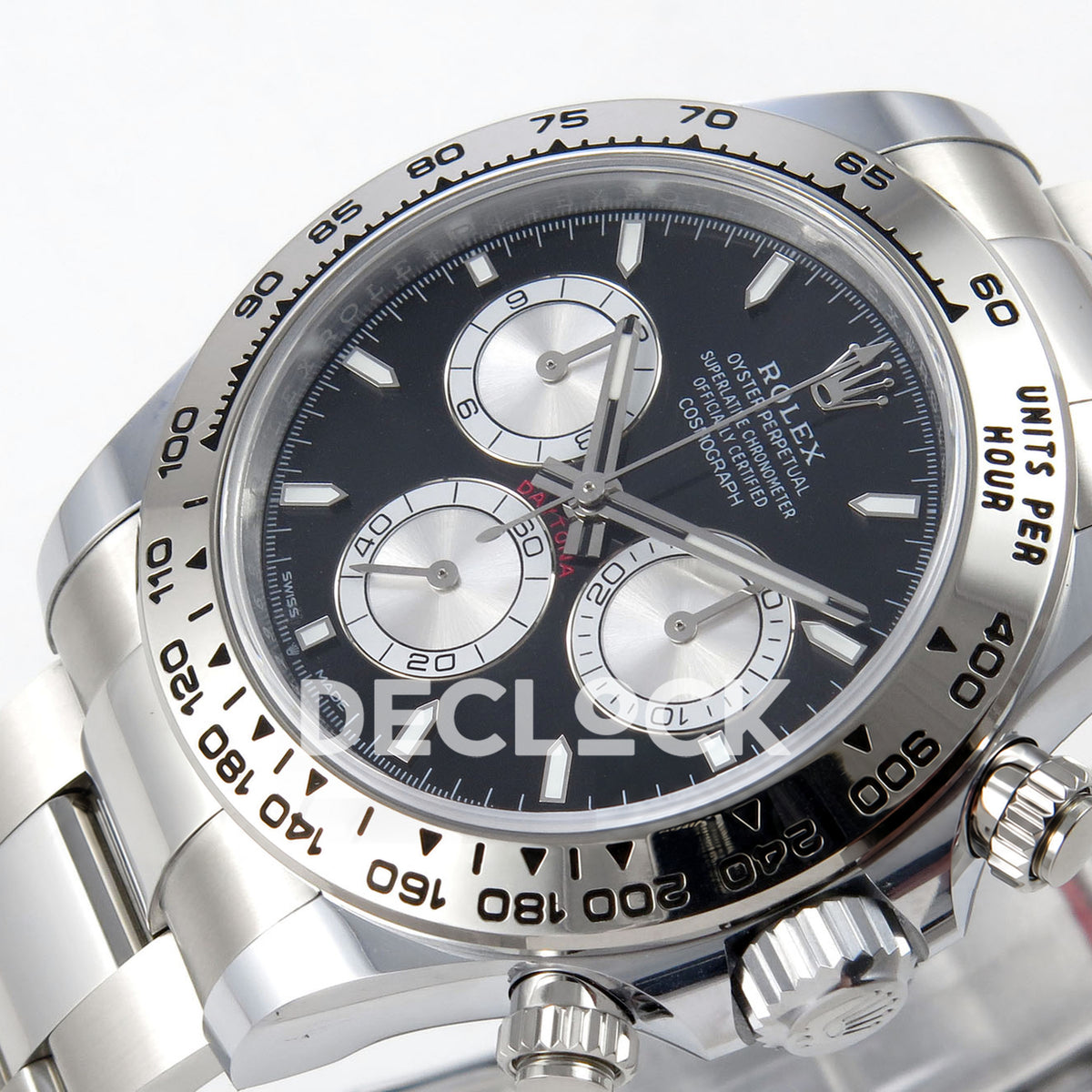 Rolex Daytona 126509 BTF replica - original black dial, silver chronograph faces, luminous baton markers and silver tachymeter bezel