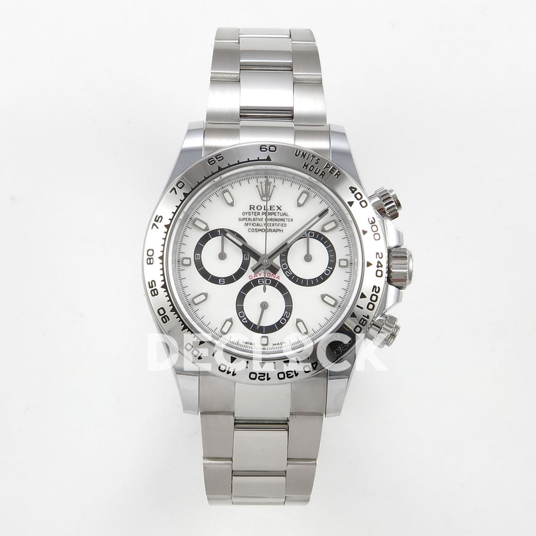 Rolex Daytona 126509 BTF replica - front white dial with luminous baton markers, white chronograph counter faces, black rings and silver metal tachymeter bezel 126509