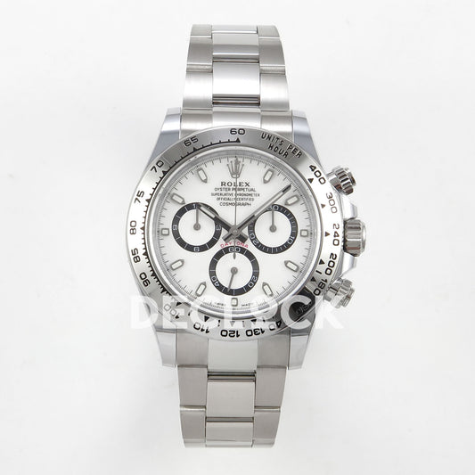 Rolex Daytona 126509 BTF replica - front white dial with luminous baton markers, white chronograph counter faces, black rings and silver metal tachymeter bezel