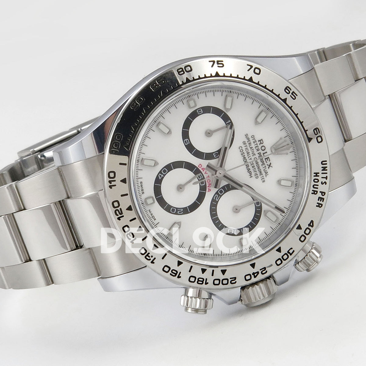 Rolex Daytona 126509 BTF replica - angled white panda dial with original luminous baton markers, white counter centers and black rings