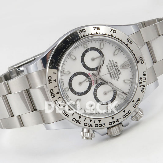 Rolex Daytona 126509 BTF replica - angled white panda dial with original luminous baton markers, white counter centers and black rings