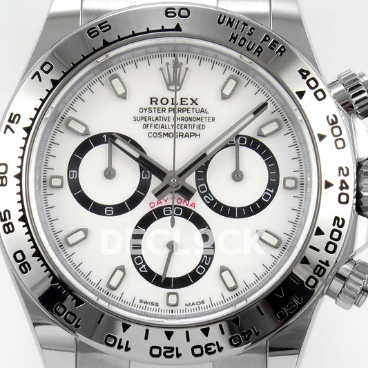 Rolex Daytona 126509 BTF replica - original white panda dial, black counter rings, luminous baton markers and silver tachymeter bezel