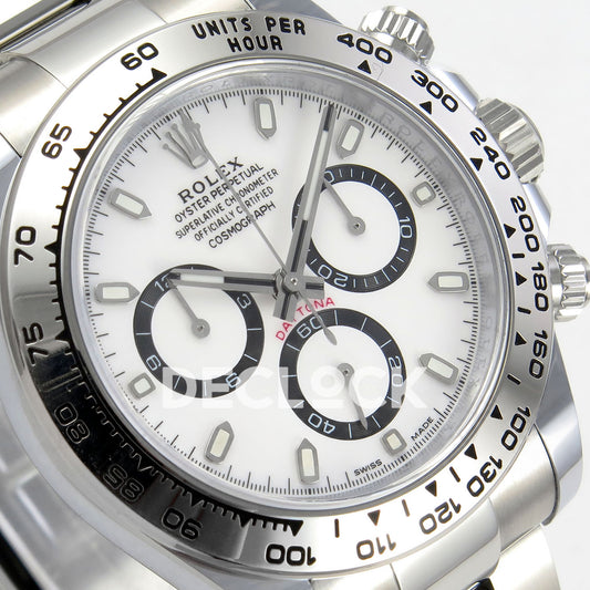 Rolex Daytona 126509 BTF replica - original white panda dial, black counter rings, luminous baton markers and silver tachymeter bezel
