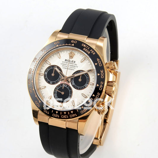 Rolex Daytona 126515 Clean Plus replica - angled front view of rose-gold-finish case and Oysterflex strap