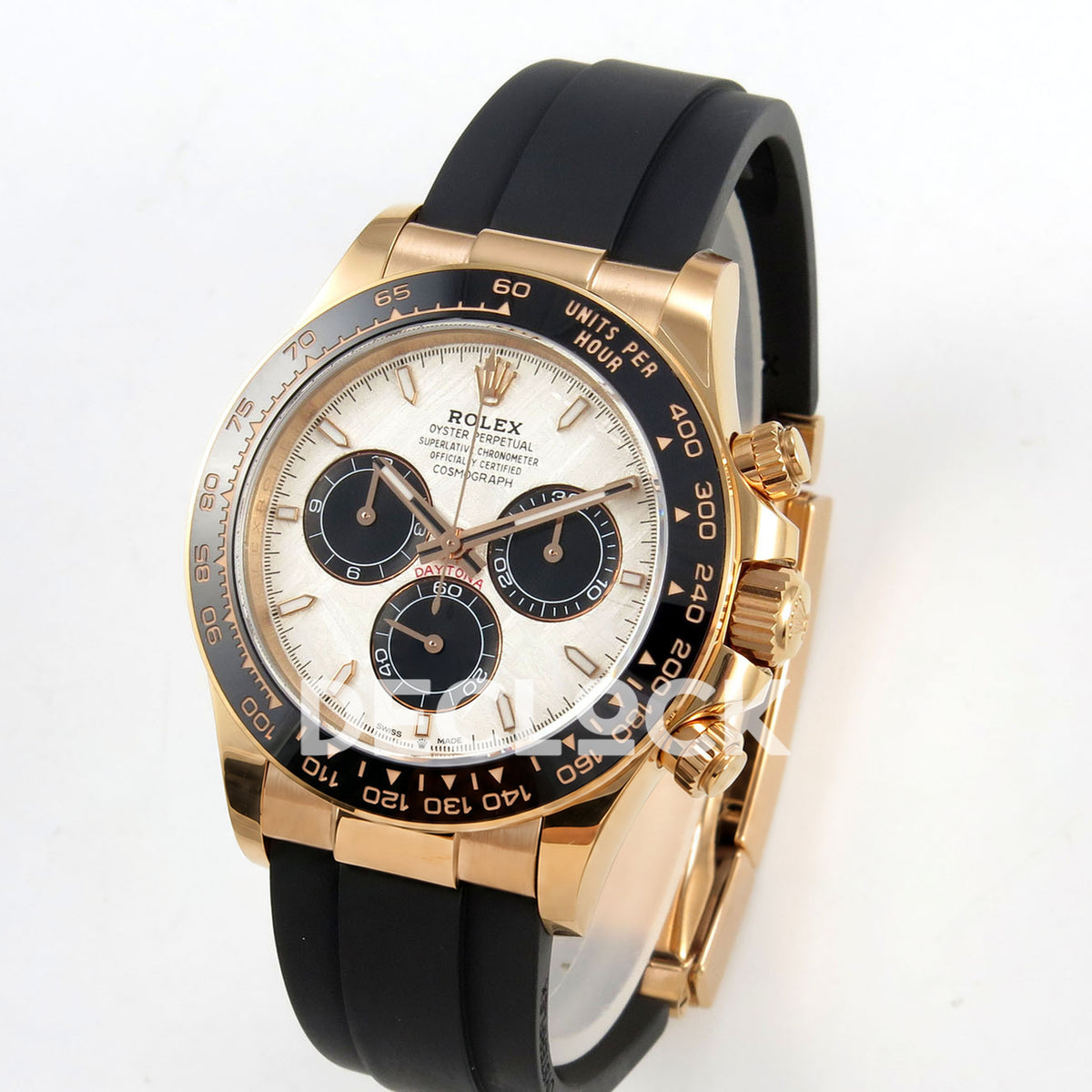 Rolex Daytona 126515 Clean Plus replica - angled front view of rose-gold-finish case and Oysterflex strap