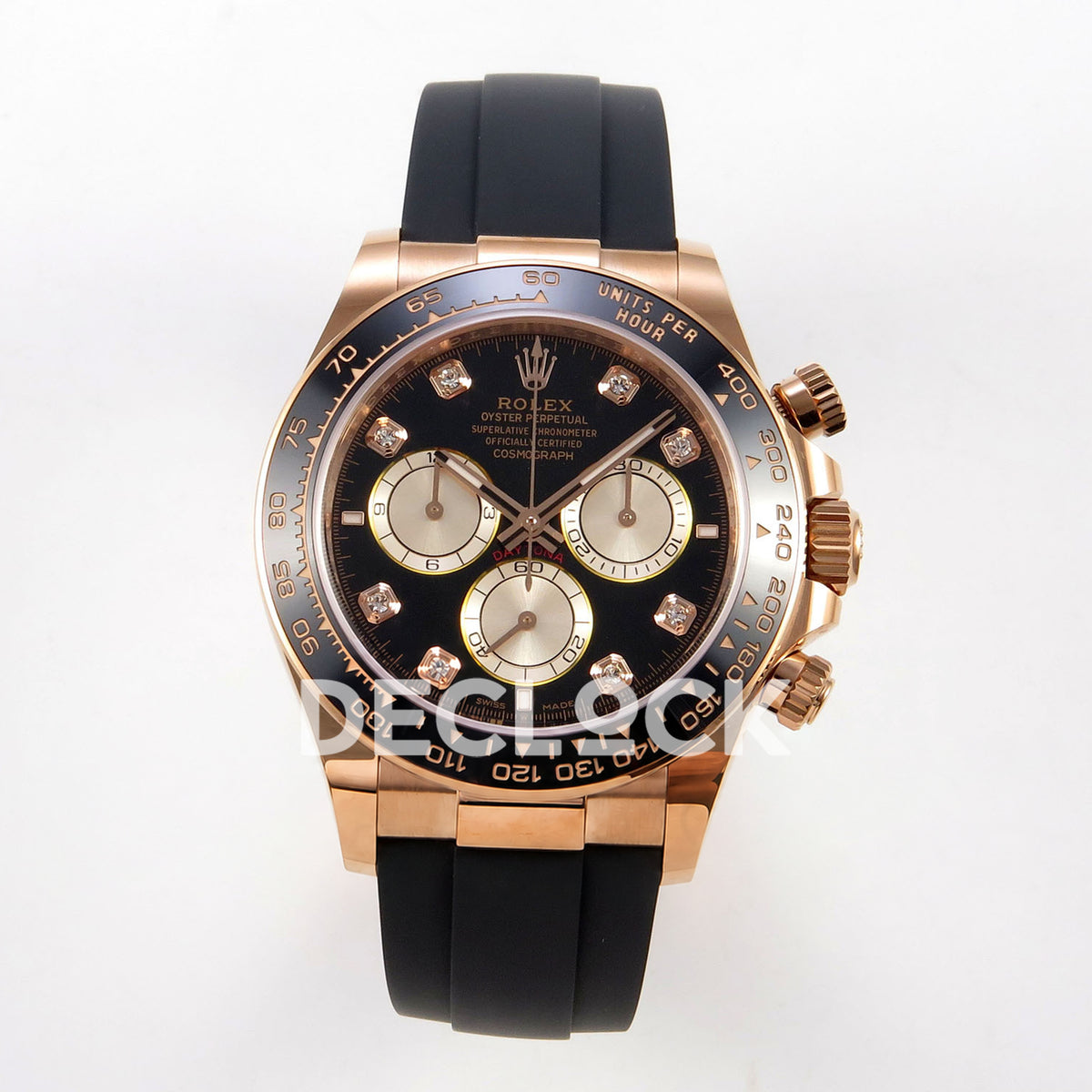 Rolex Daytona 126515 WF JH4131 black gem-set rose-gold replica - front view of black gem-set dial, rose-gold-finish case and Oysterflex strap