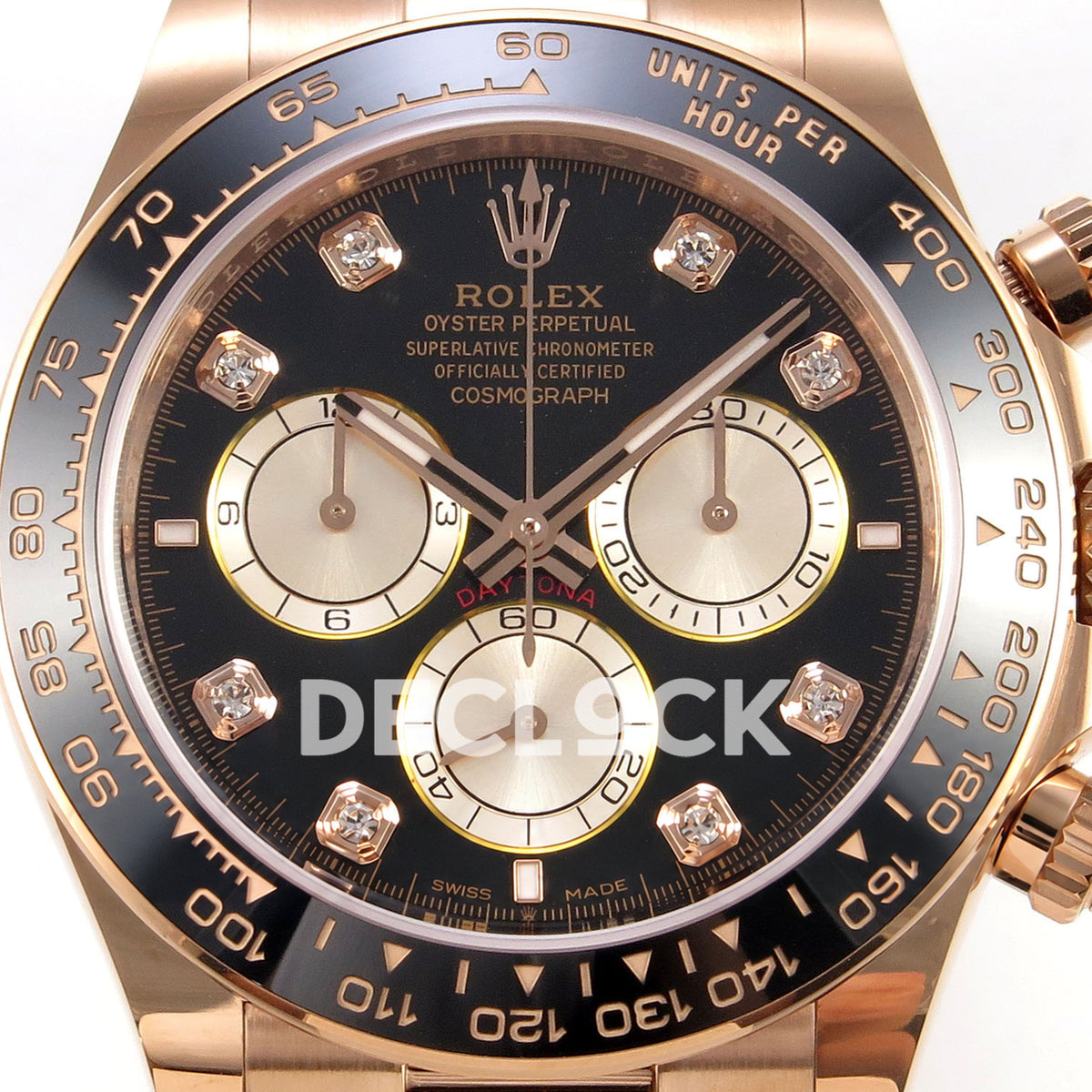 Rolex Daytona 126515 WF JH4131 black gem-set rose-gold replica - black gem-set dial and rose-gold-tone subdials close-up