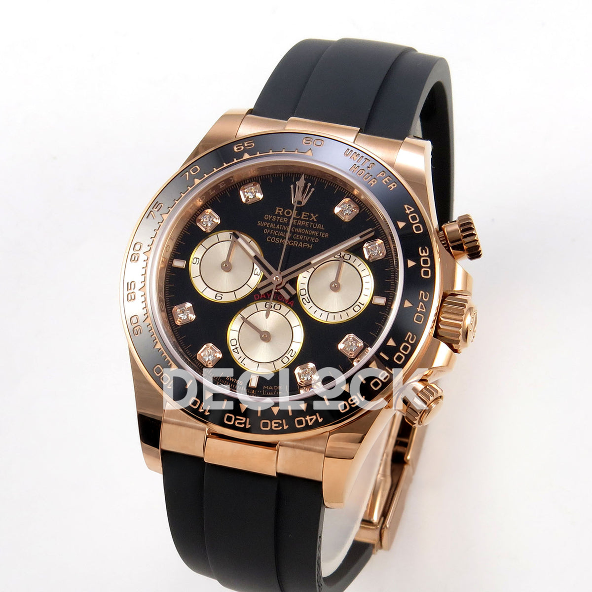 Rolex Daytona 126515 WF JH4131 black gem-set rose-gold replica - angled front view of rose-gold-finish case and Oysterflex strap