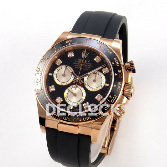 Rolex Daytona 126515 WF JH4131 black gem-set rose-gold replica - angled front view of rose-gold-finish case and Oysterflex strap