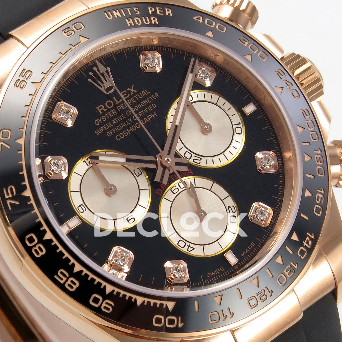 Rolex Daytona 126515 WF JH4131 black gem-set rose-gold replica - angled black gem-set dial and rose-gold-tone subdials close-up