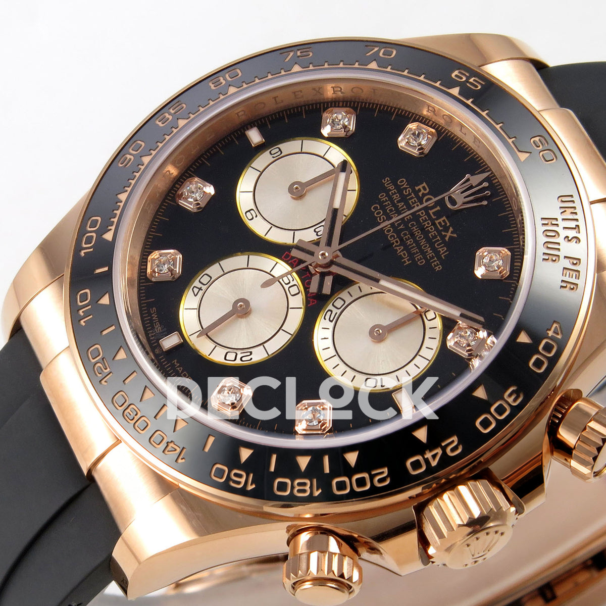 Rolex Daytona 126515 WF JH4131 black gem-set rose-gold replica - horizontal angled black gem-set dial, hands and black ceramic tachymeter bezel