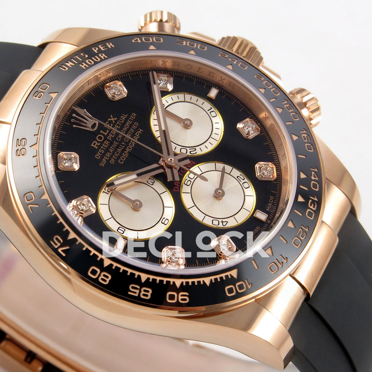 Rolex Daytona 126515 WF JH4131 black gem-set rose-gold replica - opposite angled black gem-set dial and rose-gold-finish case close-up