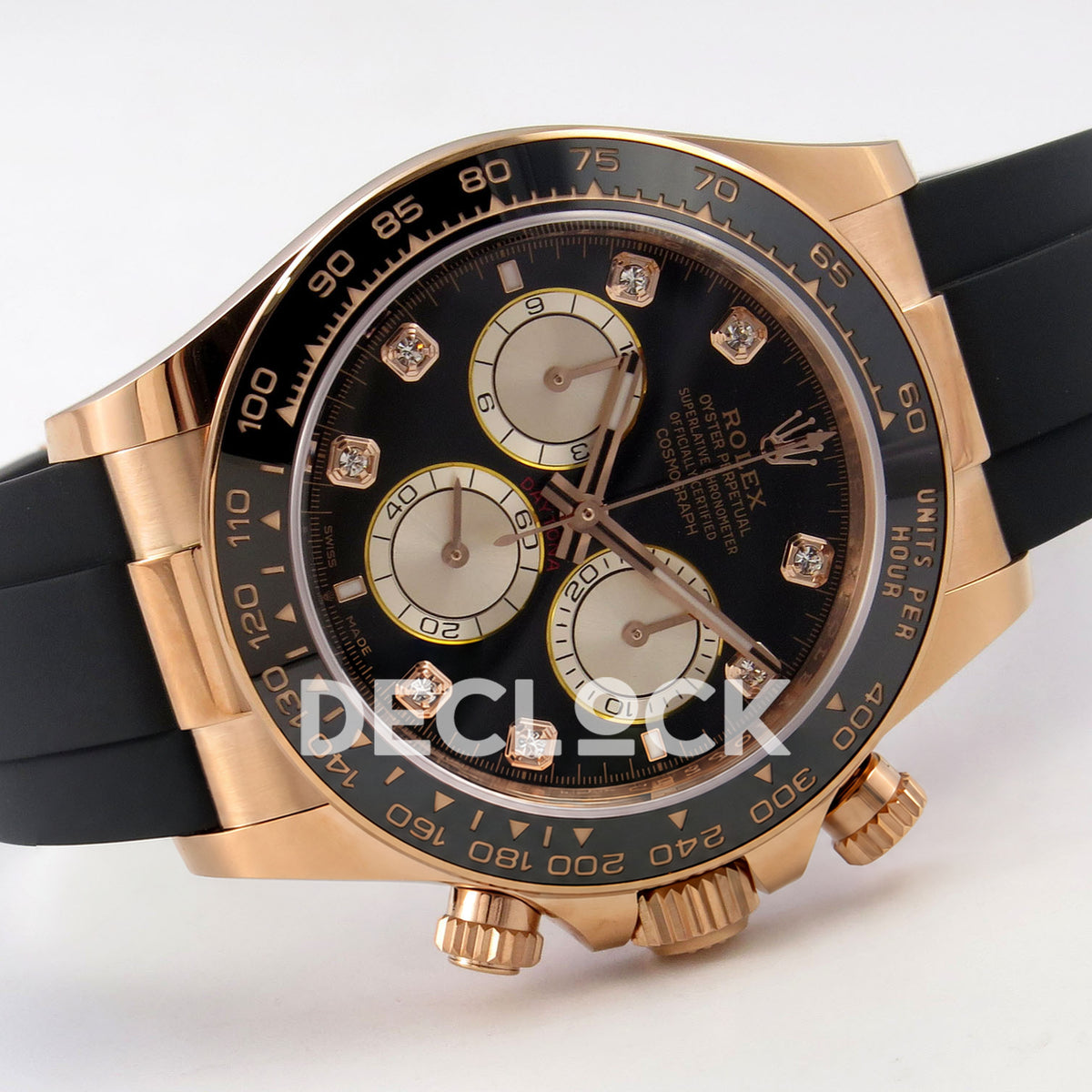 Rolex Daytona 126515 WF JH4131 black gem-set rose-gold replica - horizontal front view with black Oysterflex rubber strap
