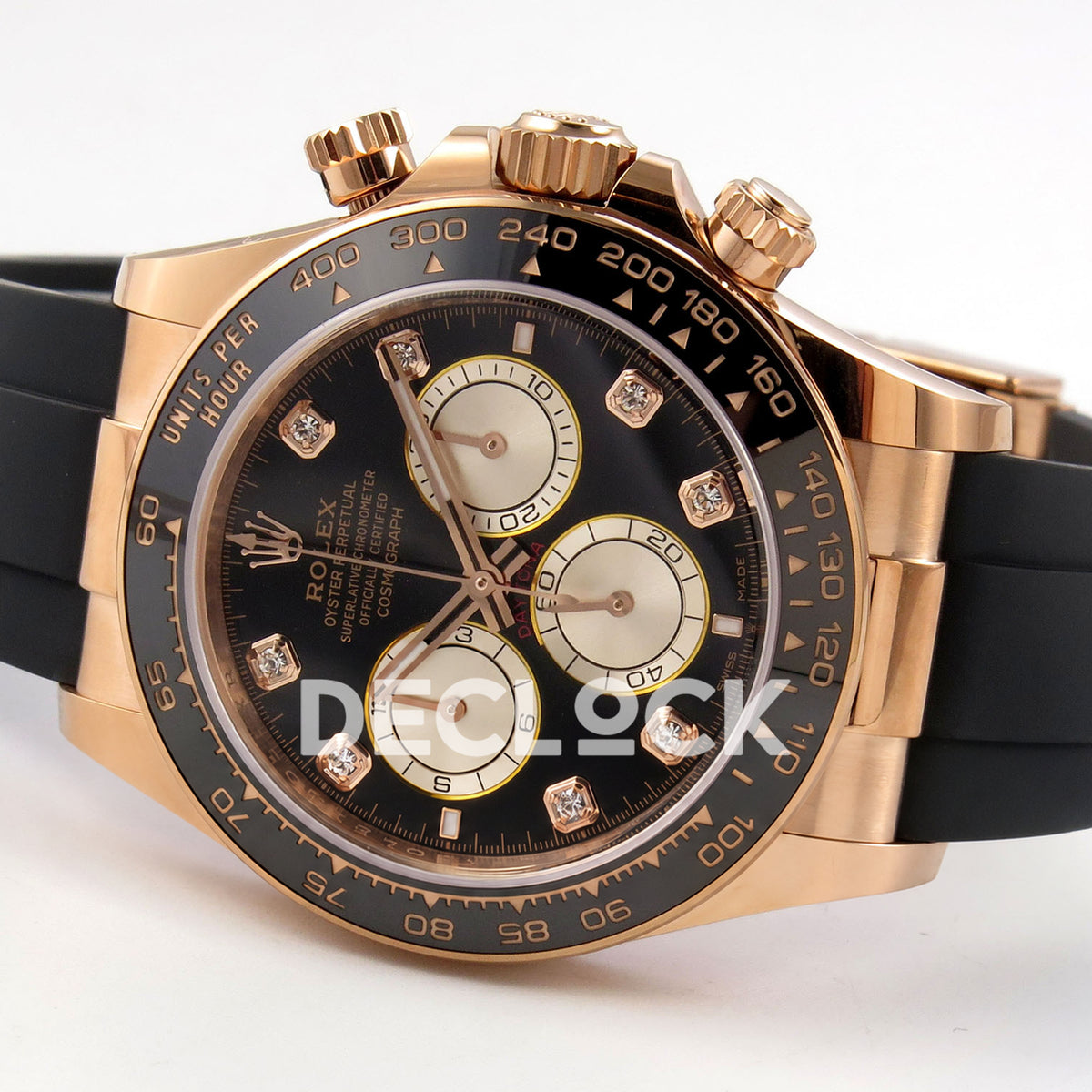 Rolex Daytona 126515 WF JH4131 black gem-set rose-gold replica - opposite horizontal front view with Oysterflex strap